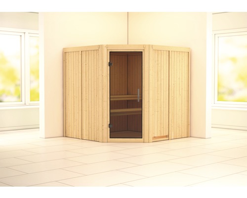 Sauna modulaire Karibu Jarinaa sans poêle ni frise de toit, avec porte en verre teinté