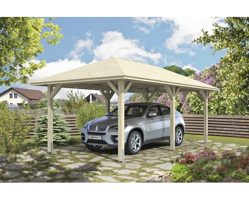 Carport simple SKAN HOLZ Taunus avec ancrages pour poteaux 374x656 cm naturel Carport simple en bois avec voiture dans le jardin