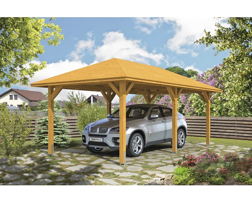 Carport simple SKAN HOLZ Taunus avec ancrages pour poteaux 374x656 cm chêne clair