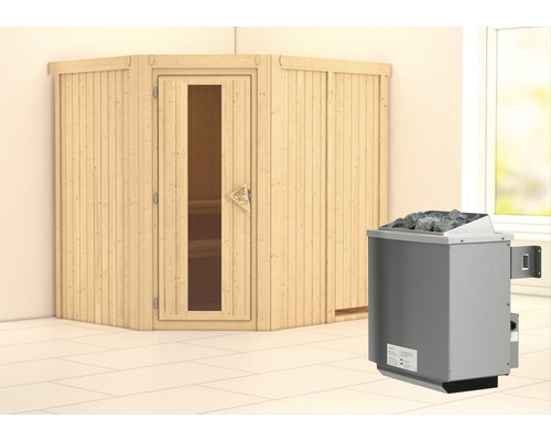 Sauna modulaire Karibu Siirinaa avec poêle 9 kW et commande intégrée, sans frise de toit