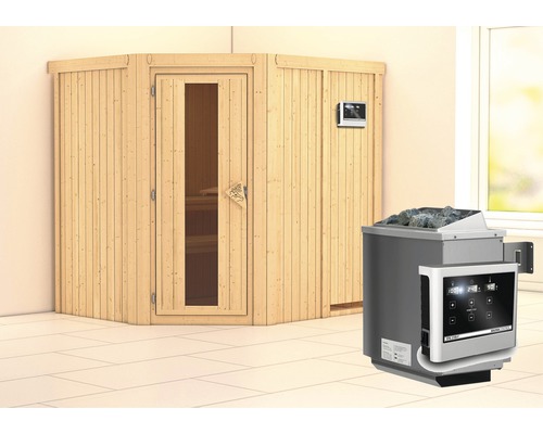 Sauna modulaire Karibu Siirinaa avec poêle 9 kW et commande extérieure, sans frise de toit