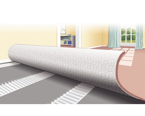 Illustration d''une moquette en cours de déroulement sur un revêtement de sol.