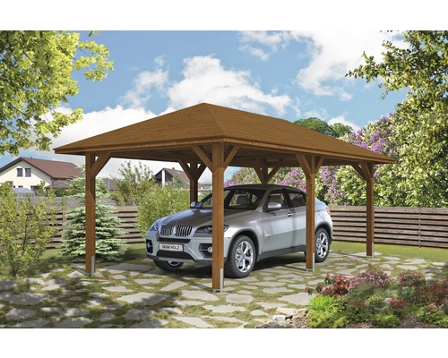 Carport simple SKAN HOLZ Taunus avec ancrages pour poteaux 374x656 cm noyer Carport en bois avec voiture dans le jardin