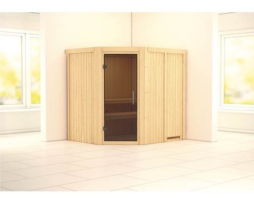 Sauna modulaire Karibu Siirinaa sans poêle ni frise de toit, avec porte vitrée coloris graphite