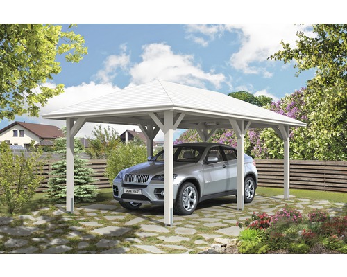 Carport simple SKAN HOLZ Taunus avec ancrages pour poteaux 374x656 cm blanc Carport en bois avec voiture sur sol pavé