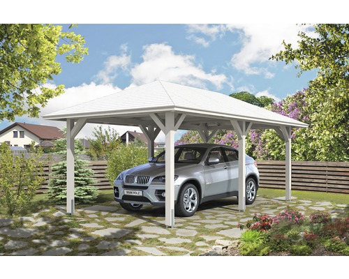 Carport simple SKAN HOLZ Taunus avec ancrages pour poteaux 374x656 cm blanc