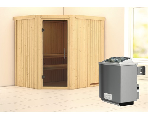 Sauna modulaire Karibu Siirinaa avec poêle 9 kW et commande intégrée, avec frise de toit et porte entièrement vitrée coloris graphite