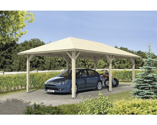 Carport simple SKAN HOLZ Taunus avec ancrages pour poteaux 439x786 cm naturel Abri couvert pour une voiture et un quad dans le jardin