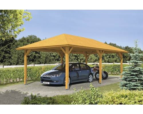 Carport simple SKAN HOLZ Taunus avec ancrages pour poteaux 439x786 cm chêne clair