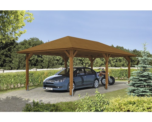 Carport simple SKAN HOLZ Taunus avec ancrages pour poteaux 439x786 cm noyer Carport en bois avec voiture et quad