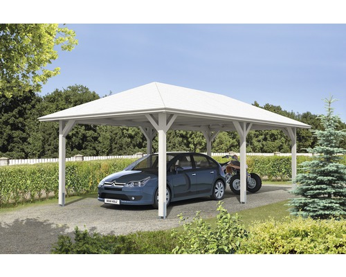 Carport simple SKAN HOLZ Taunus avec ancrages pour poteaux 439x786 cm blanc Carport en bois avec voiture et quad