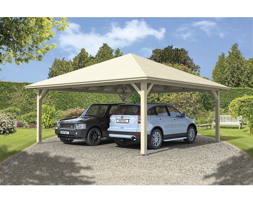 Carport double SKAN HOLZ Taunus avec ancrages pour poteaux 634x634 cm naturel Double carport en bois avec deux voitures garées