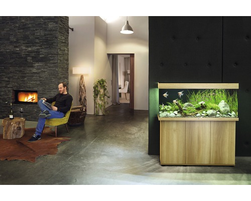 Salon avec aquarium, cheminée et homme en train de lire