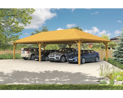 Carport quadruple SKAN HOLZ Taunus avec ancrages pour poteaux 1176x634 cm chêne clair