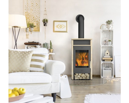 Salon avec poêle à bois, canapé et décorations