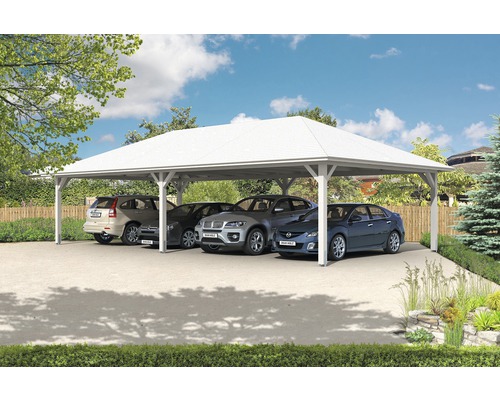 Carport quadruple SKAN HOLZ Taunus avec ancrages pour poteaux 1176x634 cm blanc