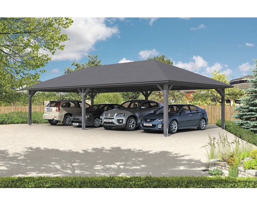 Carport quadruple SKAN HOLZ Taunus avec ancrages pour poteaux 1176x634 cm gris ardoise