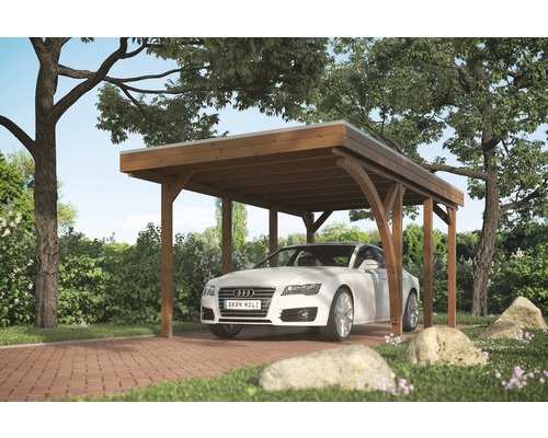 Carport simple SKAN HOLZ Friesland avec une arche et ancrages pour poteaux 314x555 cm noyer