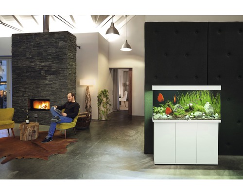 Salon avec cheminée, coin salon et aquarium