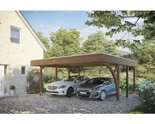 Carport double SKAN HOLZ Friesland avec une arche et ancrages pour poteaux 557x555 cm noyer