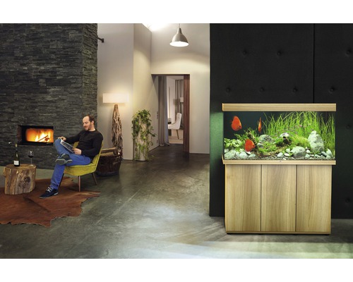 Salon avec aquarium, cheminée et homme assis