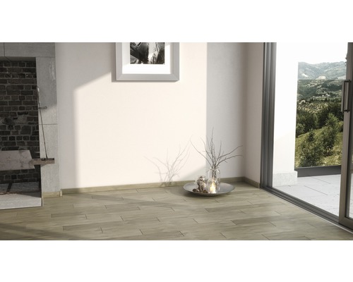 Pièce lumineuse avec plancher en bois, cheminée et vue sur l''extérieur