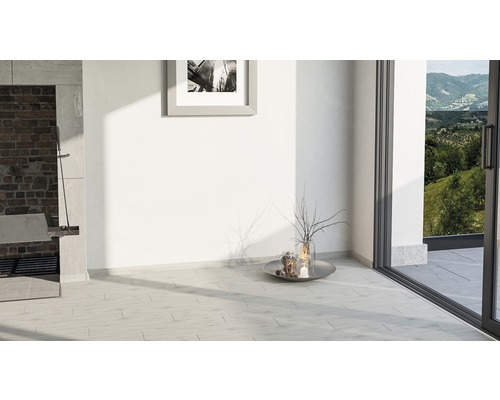 Heller Raum mit Bodenfliesen in Holzoptik, Kamin, Bild und Terrassentür