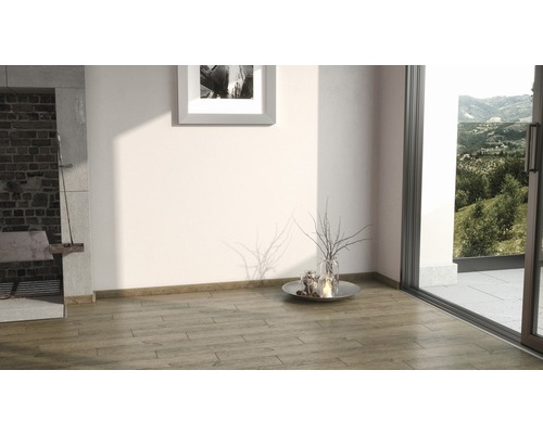 Heller Raum mit Kamin, Holzboden und Terrassentür mit Blick ins Grüne.