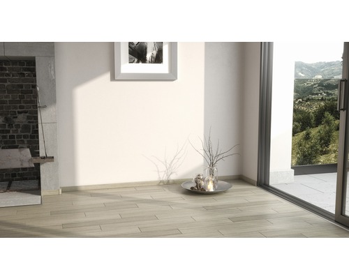 Innenraum mit hellem Holzboden, Kamin und Terrassentür