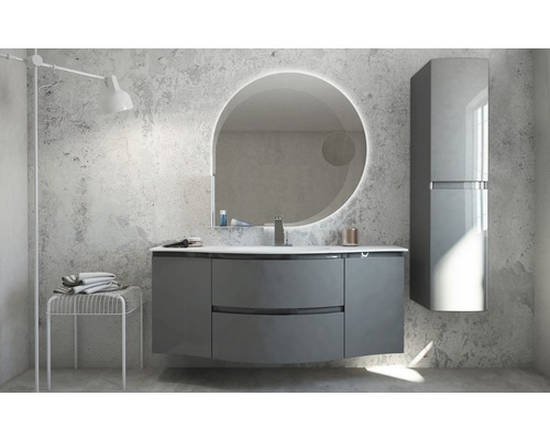 Modernes Badezimmer mit grauem Waschtischunterschrank, Spiegelschrank und LED Spiegel