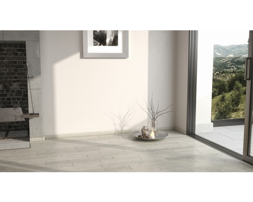 Heller Raum mit Bodenfliesen, Mauerwerkgrill, Dekoration und Fenster