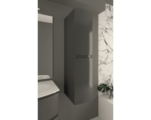 Salle de bains moderne avec une haute armoire suspendue pour le rangement