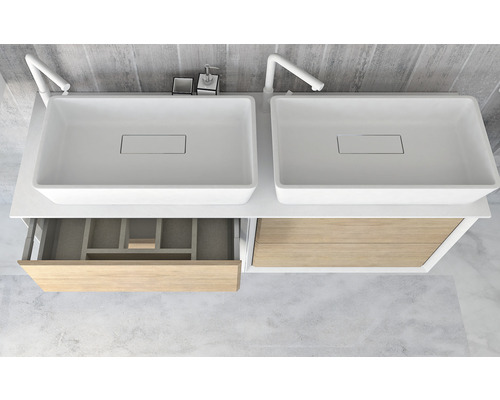 Doppelwaschtisch mit Unterschrank und offenen Schubladen