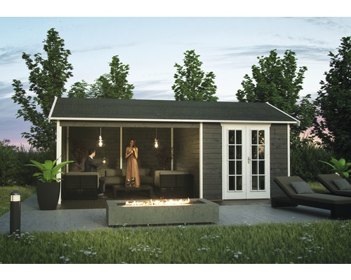 Abri de jardin SKAN HOLZ Tilburg avec plancher 613 x 420 cm gris ardoise Scène de jardin avec abri de jardin, foyer, mobilier de salon et plantation