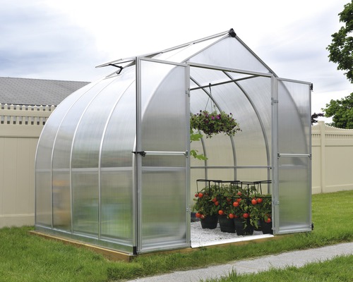 Serre avec portes ouvertes et plantes à l''intérieur