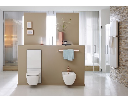 Salle de bains moderne avec WC suspendu, bidet et sèche-serviettes