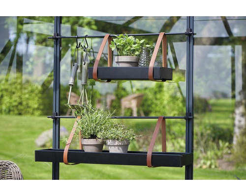 Regalsystem für Gewächshäuser mit Pflanzen und Gartengeräten