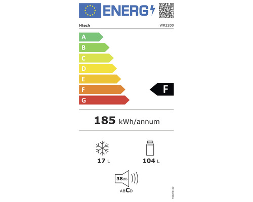 Étiquette énergétique Htech WR2200 avec classe d''efficacité énergétique F, consommation d''énergie annuelle de 185 kilowattheures, volume de congélation de 17 litres, volume de refroidissement de 104 litres et émission sonore de 38 décibels.