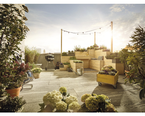 Jardin de toit aménagé avec éléments en bois, barbecue et plantes