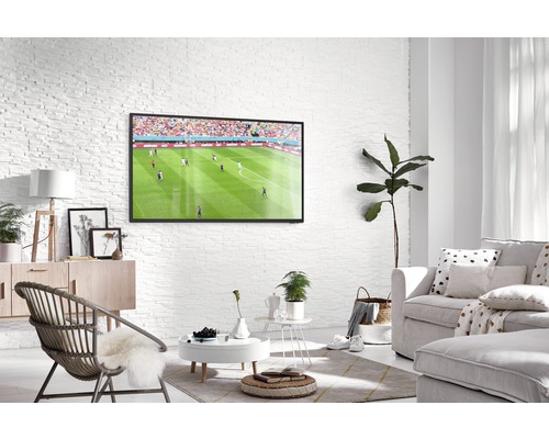 Salon lumineux avec télévision, canapé et fauteuil