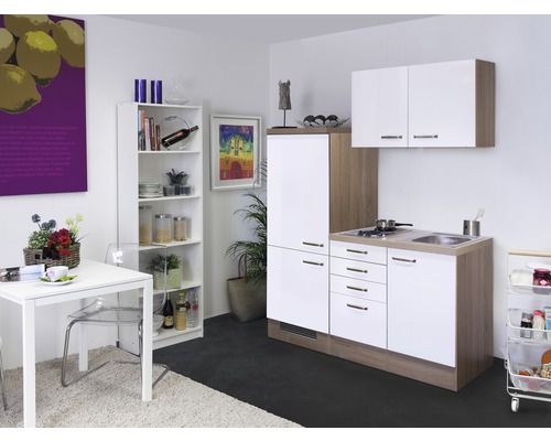 Kitchenette avec appareils Flex Well Valero 160 cm couleur de façade blanc haute brillance - couleur du corps chêne Sonoma 00008082