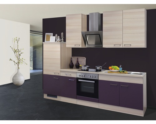 Bloc cuisine complète équipée Flex Well Focus 270 cm façade acacia aubergine mate, corps acacia variante réversible démonté