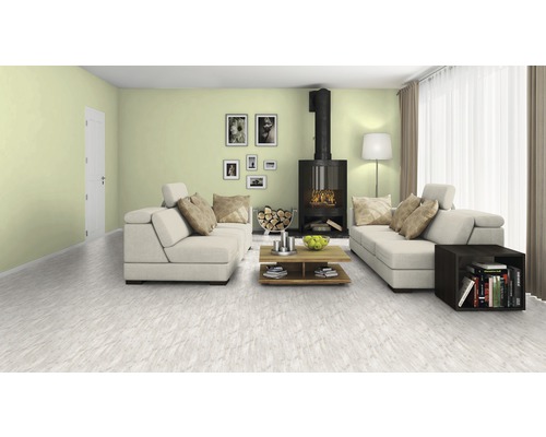 Salon avec canapé, poêle, table basse et revêtement de sol