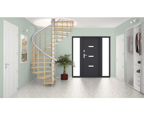 Eingangsbereich mit Wendeltreppe, Haustür und Garderobe