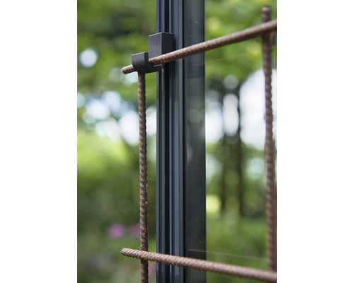 Detailaufnahme eines Halters zur Befestigung einer Rankhilfe an einem Gewächshaus