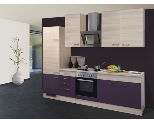 Bloc cuisine complète équipée Flex Well Focus 270 cm façade acacia aubergine mate, corps acacia variante réversible démonté