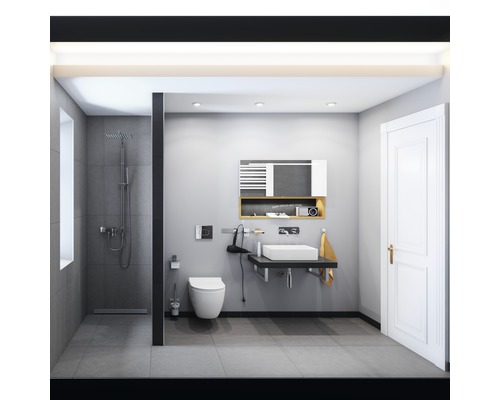 Modernes Badezimmer mit Dusche, Toilette, Waschtisch und Ablagefläche