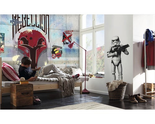 Chambre de jeunes décorée avec une fresque murale Star Wars, un lit et un coin lecture