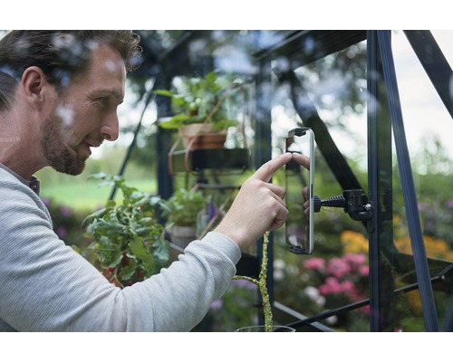 Un homme utilise une tablette dans une serre, entouré de plantes.