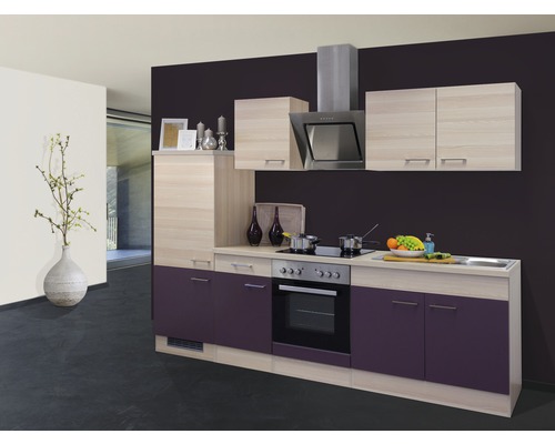 Bloc cuisine complète équipée Flex Well Focus 270 cm façade acacia aubergine mate, corps acacia variante réversible démonté